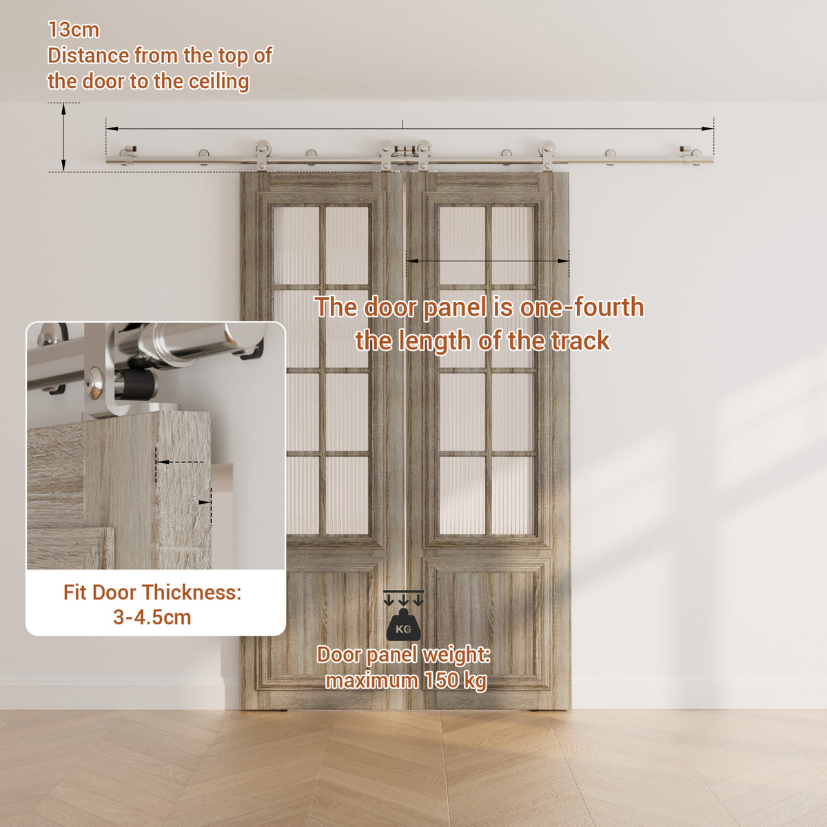 HETHUTE Sliding Barn Door Hardware Track Kit Stainless Steel Barn Door Rail Roller System Closet Accessory for Double Door